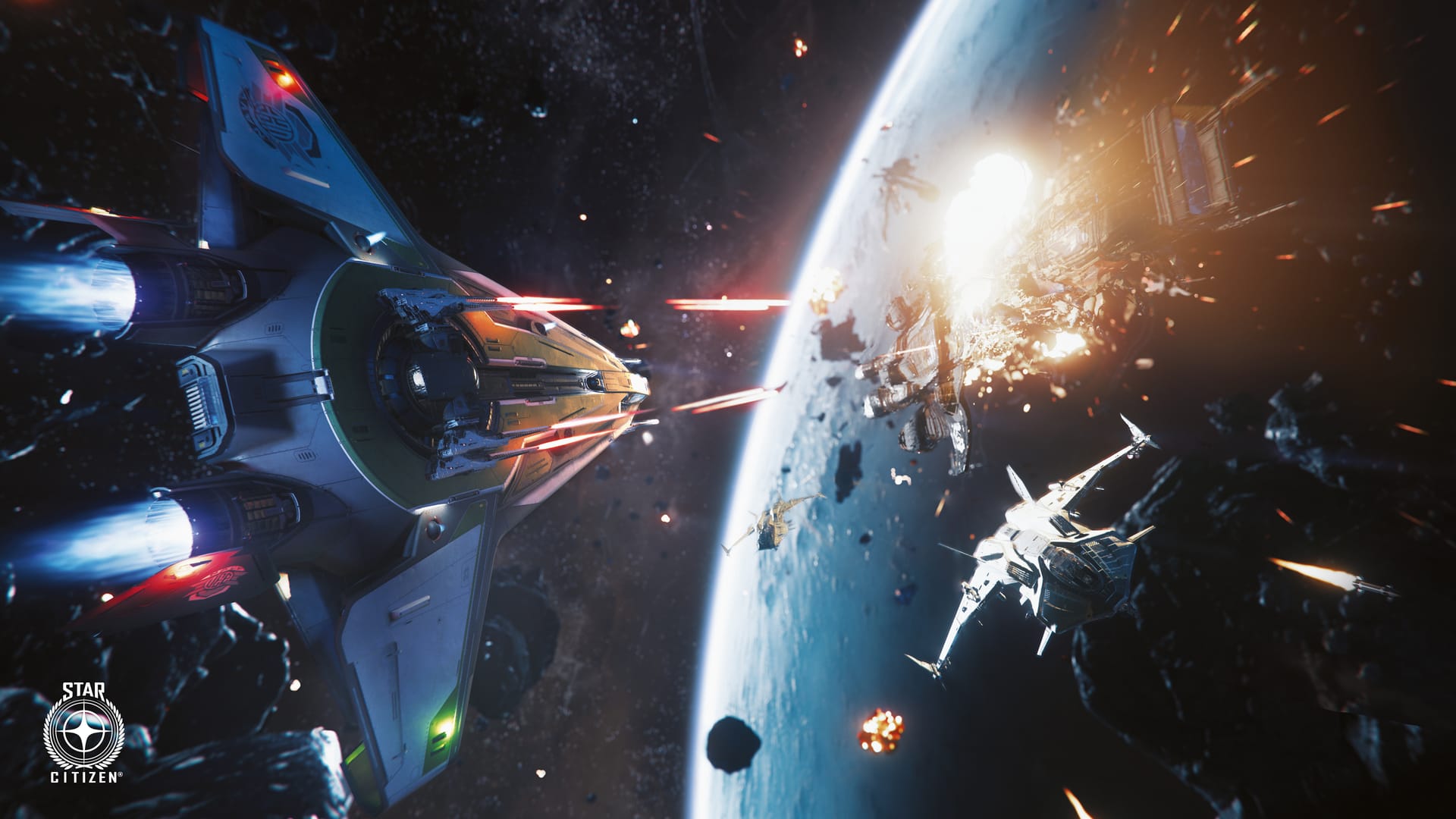 Fighters firing in a dogfight above a planet