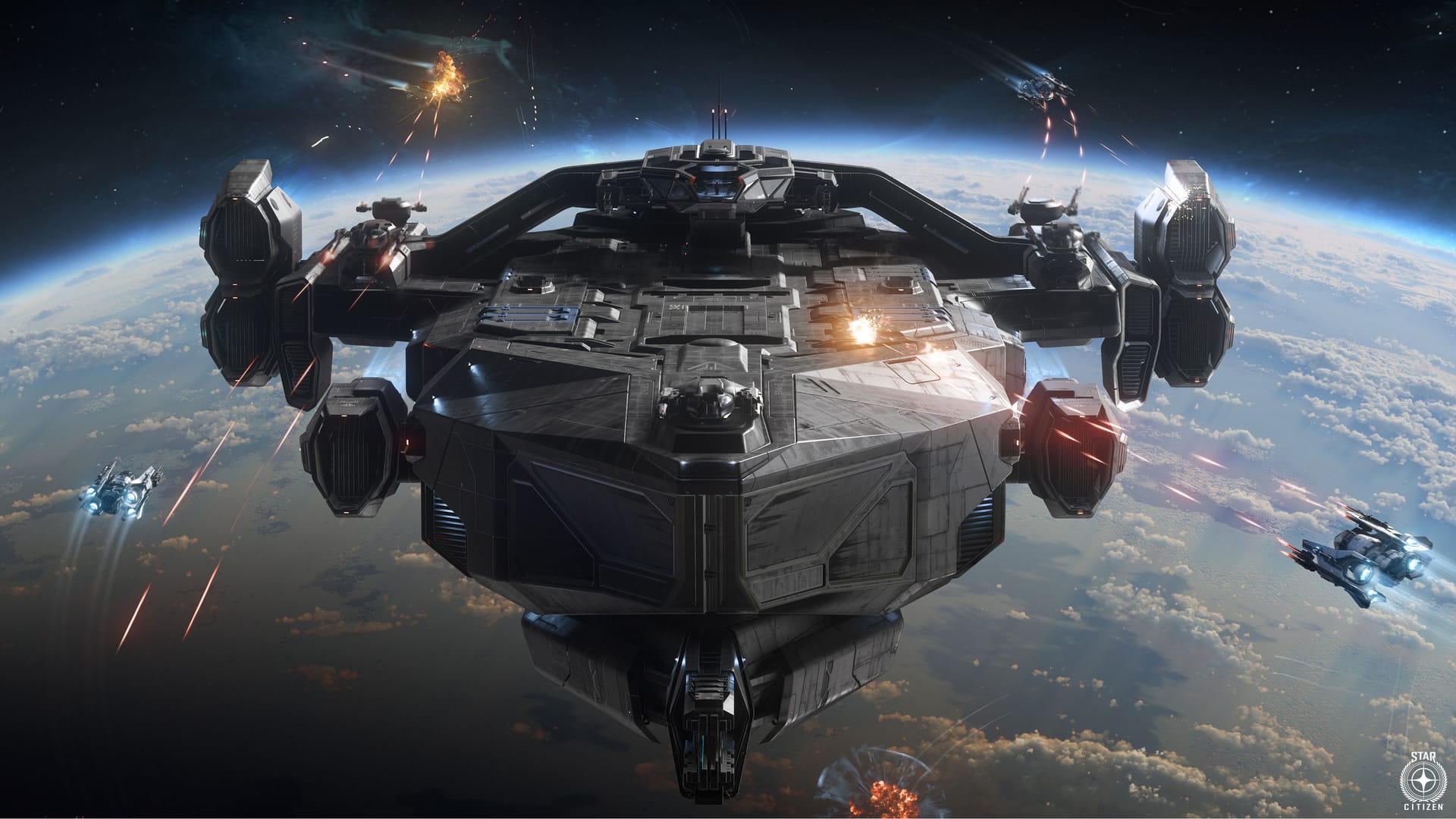 A capital ship over a planet, escorted by fighters